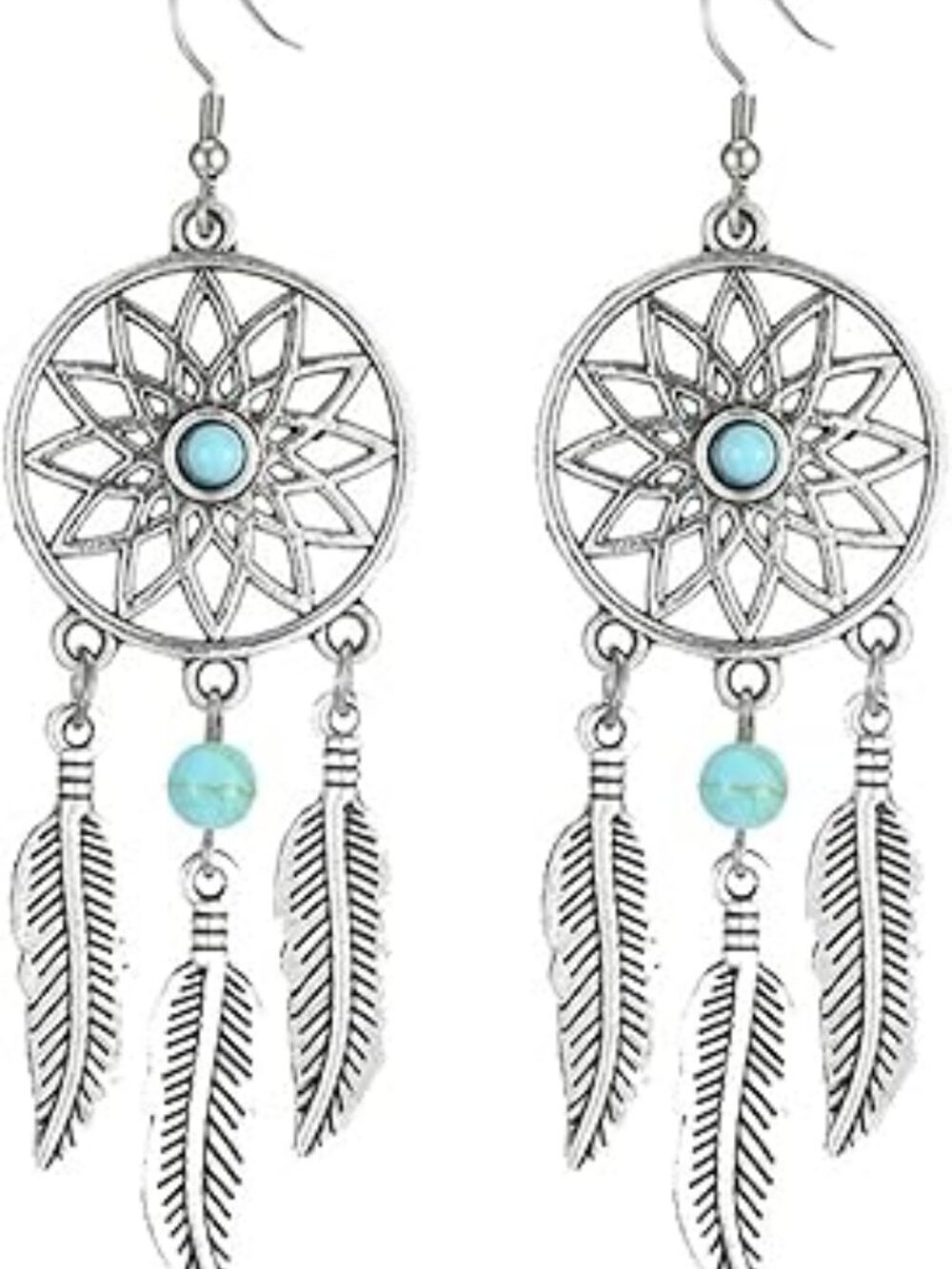 NEW Blue Turquoise Dream Catcher Feather Earrings Bohemian Western Boho Trendy